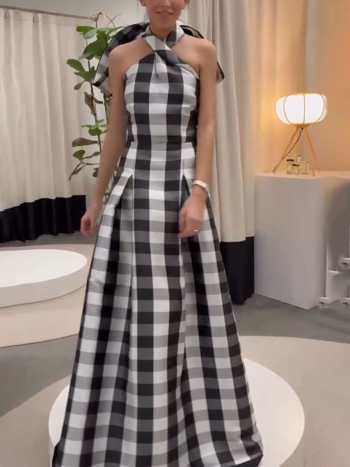 Classic Plaid Print Halter Neck Maxi Dress